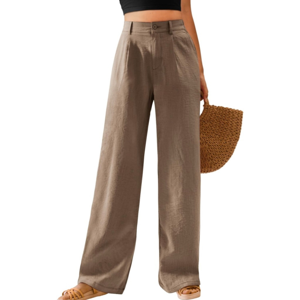 Light Tan Casual Wide Leg Pants High Waisted Button Down Straight Long Trousers